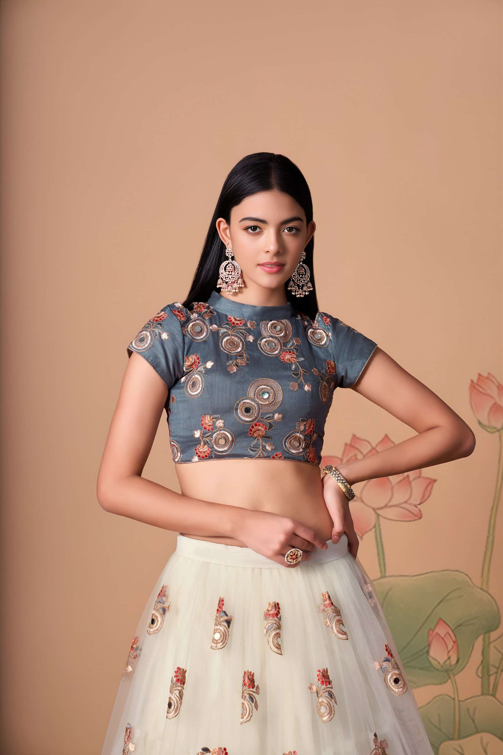Ivory & Slate Grey Floral and Mirror work on net Lehenga Choli supplier in surat 7322 Off White  